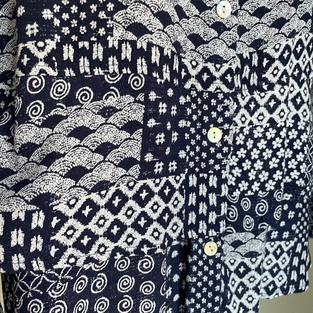 Habitat Patchwork Blouse Size L Blue White Button Front Relaxed Artsy - Picture 7 of 10